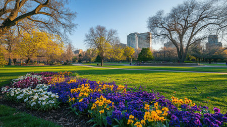A stunning urban park scene showcasing vibrant spring flowers in a colorful display, surrounded by lush greenery and emerging trees under clear blue skies.の素材