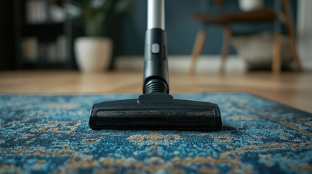 A close-up shot capturing a vacuum cleaner head on a beautiful blue rug, highlighting the textures and colors in a stylish interior with soft lighting.の素材