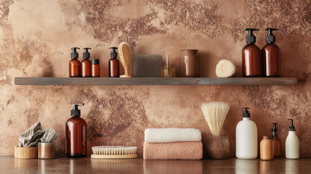 An aesthetically pleasing arrangement of natural skincare products on a bathroom shelf, featuring amber bottles and cozy towels, perfect for inspiring relaxation and self-care.の素材