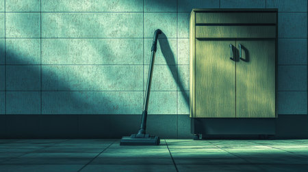 A stylish vacuum cleaner stands beside a sleek storage cabinet in a well-lit interior space, highlighting cleanliness and organization, perfect for home or office settings.の素材
