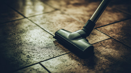 A close-up view of a vacuum cleaner on tile flooring, highlighting the cleaning process. The image captures the blend of technology and cleanliness in a home setting.の素材