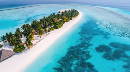 Discover a breathtaking aerial view of a tropical island featuring pristine white sands, dense green palm trees, and vibrant turquoise water, perfect for vacations.の素材