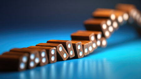 A captivating arrangement of wooden dominoes cascading on a vibrant blue surface, showcasing motion, strategy, and playful dynamics in a visually appealing setup.の素材