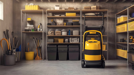 A modern garage interior showcases organized storage with cleaning tools and a bright yellow vacuum cleaner against a stylish backdrop, perfect for home improvement projects.の素材