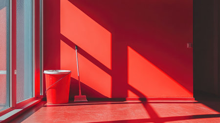 A visually striking red interior space featuring a broom and bucket, showcasing minimalism and bold colors that highlight modern design elements and cleanliness.の素材