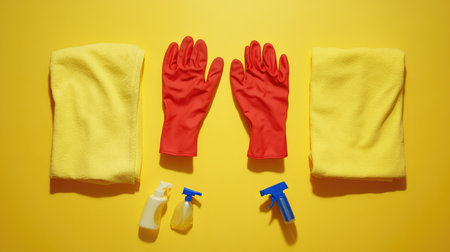 A vibrant layout featuring cleaning supplies, including red gloves, yellow sponges, and spray bottles, ideal for home maintenance and deep cleaning tasks.の素材