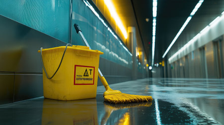 A vibrant corridor showcases a wet floor with a yellow mop bucket and a sweeping mop, emphasizing cleanliness and maintenance in a modern indoor setting.の素材