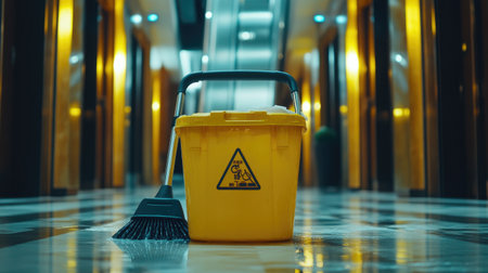 A bright yellow cleaning bucket with a caution sign sits on a reflective marble floor in a modern hotel corridor, showcasing cleanliness and professionalism.の素材