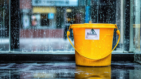 A bright yellow bucket sits indoors, capturing rainwater from a storm outside. Raindrops patter against the glass, creating a vibrant urban scene.の素材