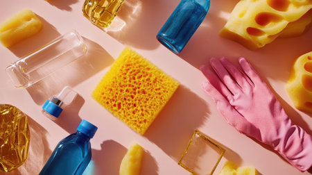 A vibrant flat lay arrangement featuring cleaning supplies like sponges, bottles, and gloves on a pink background, perfect for showcasing household hygiene and cleaning themes.の素材