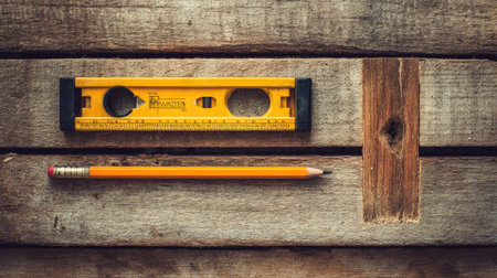A yellow level tool and a wooden pencil are placed on a rustic wooden surface, symbolizing accuracy and creativity for various DIY projects and crafts.の素材