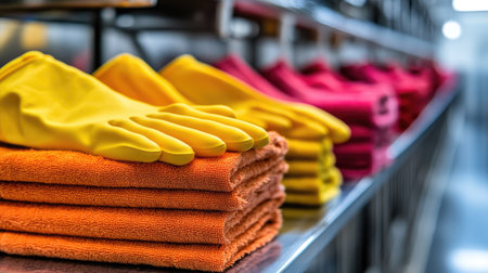 Vibrant rubber gloves in orange and yellow are stacked next to colorful cleaning cloths, creating a visually appealing and organized environment for cleanliness and sanitation.の素材