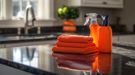 A vibrant arrangement of orange cleaning supplies and soft towels on a dark kitchen countertop showcases a bright and clean home environment, highlighting organization and hygiene.の素材