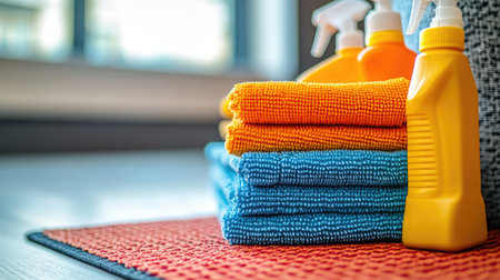 This image showcases a collection of vibrant cleaning supplies including towels and bottles, perfect for home cleaning and organization in a bright, inviting space.の素材