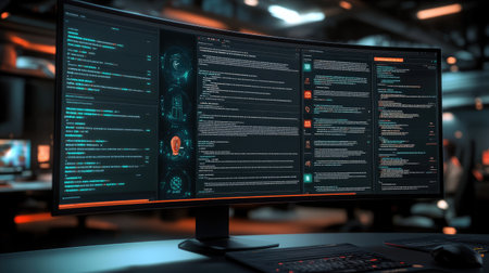 A modern workspace featuring a high-tech curved monitor that displays dynamic data and code, enhanced by futuristic elements and ambient lighting.の素材