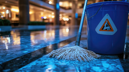 A scene showcasing cleaning tools in a hotel lobby, featuring a mop and blue bucket on a wet marble floor, illuminated by soft lighting and reflections.の素材