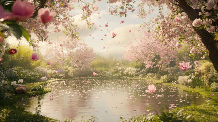 A captivating spring garden scene featuring cherry blossom trees with delicate petals floating over a tranquil pond, reflecting the serene beauty of nature in soft light.の素材