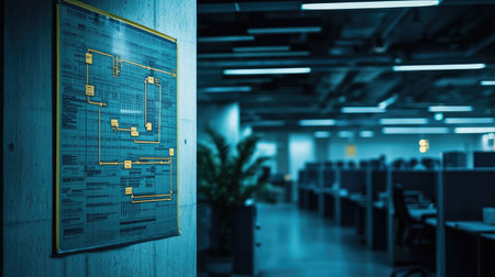 This image features a flowchart displayed in a modern office setting. The dim lighting highlights the detailed diagram against a professional backdrop, symbolizing strategic planning.の素材