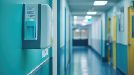 A hand sanitizer dispenser mounted on a vibrant wall in a hallway reflects the importance of hygiene and health in public spaces, ensuring safety and cleanliness.の素材