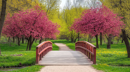 A picturesque scene featuring a charming wooden bridge over a gravel path, flanked by flowering pink trees and lush greenery, capturing the essence of spring.の素材