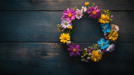 A beautiful floral wreath made of vibrant flowers rests on a rustic wooden surface, symbolizing nature's beauty and vibrant spirit. Perfect for decoration or a gift.の素材