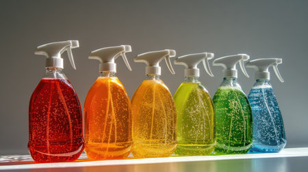 Vibrant spray bottles filled with various cleaning liquids are lined up, showcasing bright colors and potential for effective cleaning in modern households.の素材