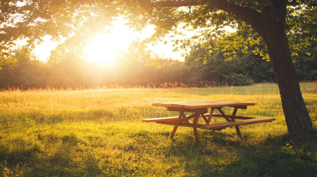 A peaceful picnic table sits under a sprawling tree in a sunlit meadow, radiating warmth and tranquility, perfect for outdoor relaxation. Ideal for summer escapes.の素材
