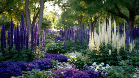 A stunning garden scene showcasing vibrant purple and white flowers amidst lush greenery under gentle sunlight, creating a serene and peaceful outdoor atmosphere.の素材