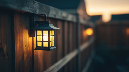 A beautifully lit lantern hangs on a wooden fence, casting a warm and inviting glow in the evening light, creating a tranquil outdoor atmosphere perfect for relaxation.の素材