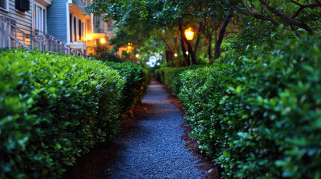 A peaceful pathway lined with vibrant greenery leads through a charming neighborhood, inviting leisurely strolls under soft evening light.の素材