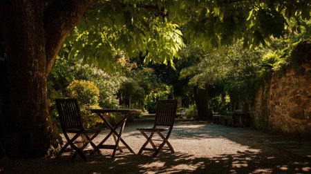 A tranquil garden scene features two wooden chairs and a table beneath lush green foliage, perfect for relaxation. Sunlight filters through leaves, creating a serene atmosphere.の素材