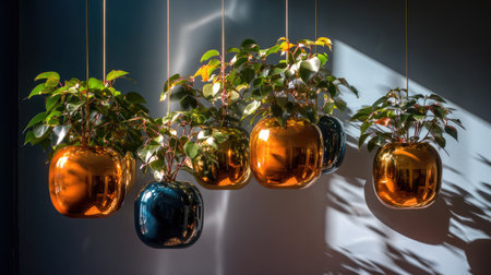 A stunning display of modern hanging plant pots featuring glossy finishes and lush green foliage, creating a vibrant and warm atmosphere in an indoor setting.の素材
