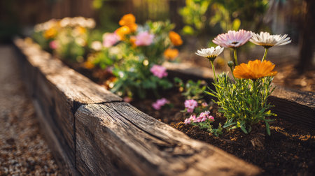 A serene garden scene featuring a variety of colorful flowers flourishing in a rustic wooden planter, illuminated by warm sunlight, exemplifying natureの素材