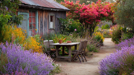 A charming rustic wooden house surrounded by a stunning display of vibrant flowers and a cozy table setting, perfect for enjoying the beauty of nature in a tranquil setting.の素材