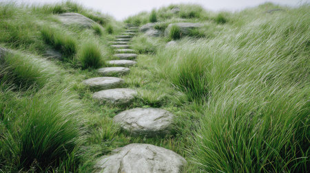 Discover a tranquil pathway featuring smooth stone steps winding through vibrant green grass, leading towards serene hills under a soft cloudy sky.の素材