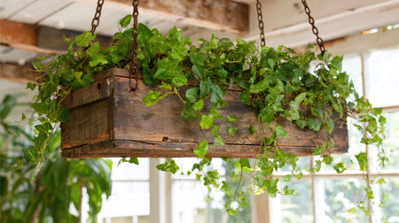 A rustic wooden planter box brimming with delicate ivy vines creates a charming indoor atmosphere, adding a touch of greenery and tranquility to any space.の素材