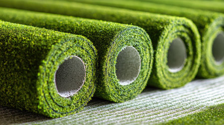Discover an impressive close-up view of rolled synthetic grass mats that provide a vibrant and low-maintenance solution for various outdoor projects and decorations.の素材