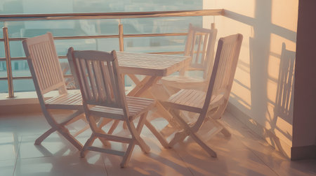 A tranquil balcony setting featuring a wooden table and chairs illuminated by soft sunset light, ideal for outdoor relaxation and peaceful moments of enjoyment.の素材