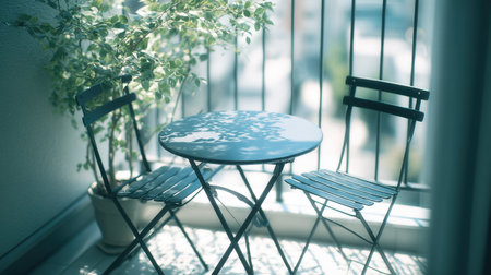 A serene balcony scene featuring a small round table and two chairs next to a potted plant, perfectly capturing a tranquil outdoor space ideal for relaxation.の素材