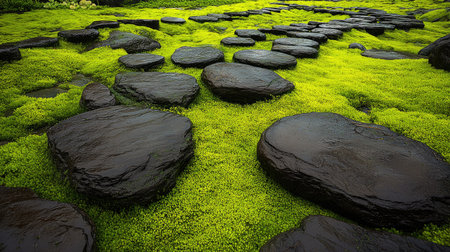 A serene pathway made of rounded black stones sets amidst lush green moss, showcasing the beauty of nature and inviting relaxation in a tranquil garden setting.の素材