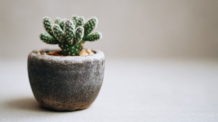 A beautiful small cactus nestled in a gray pot, showcasing intricate details and a serene aesthetic. Ideal for home decor or nature themes.の素材