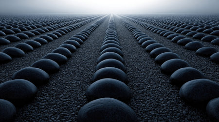 A captivating landscape featuring rows of smooth black stones on a foggy horizon. This minimalist scene emphasizes depth and texture, creating a serene atmosphere.の素材