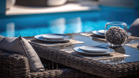 Discover a stylish outdoor dining area featuring elegant tableware and natural decor, perfect for enjoying meals by the pool in a tranquil summer atmosphere.の素材