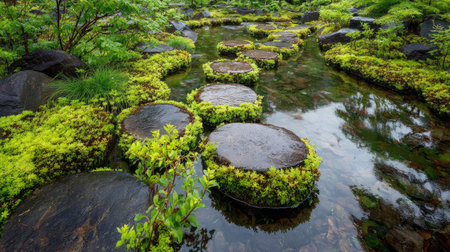 Discover a tranquil garden scene featuring stone stepping stones surrounded by lush greenery and clear water, perfect for relaxation and nature appreciation.の素材
