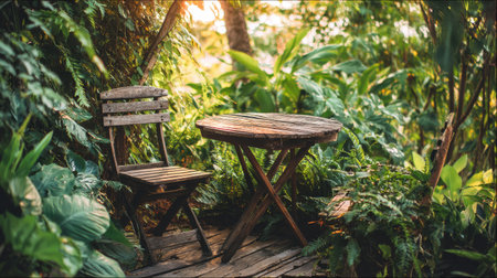 A charming outdoor space featuring a rustic wooden chair and table, embraced by vibrant greenery and warm sunlight, perfect for relaxation and peaceful moments.の素材