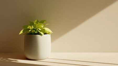 A vibrant green plant in a sleek white pot sits on a minimalist surface, beautifully highlighted by soft sunlight and casting gentle shadows, enhancing any indoor space.の素材