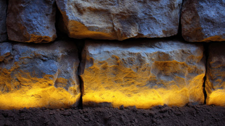 This image showcases a beautifully illuminated stone wall, highlighting the natural textures and warm tones of the rock, perfect for architectural and design projects.の素材