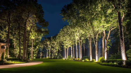 A captivating nighttime scene showcasing a beautifully illuminated landscape with tall trees and a well-manicured lawn, creating a tranquil atmosphere for relaxation.の素材