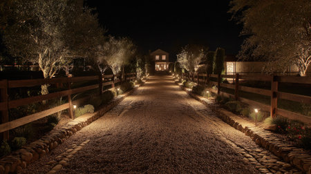 A peaceful nighttime scene featuring a well-lit gravel pathway leading to a charming house. Olive trees and rustic fencing create a serene atmosphere in a tranquil outdoor setting.の素材