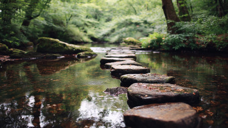 Discover a serene forest scene featuring stepping stones across a tranquil stream, surrounded by vibrant greenery, creating a peaceful nature escape.の素材